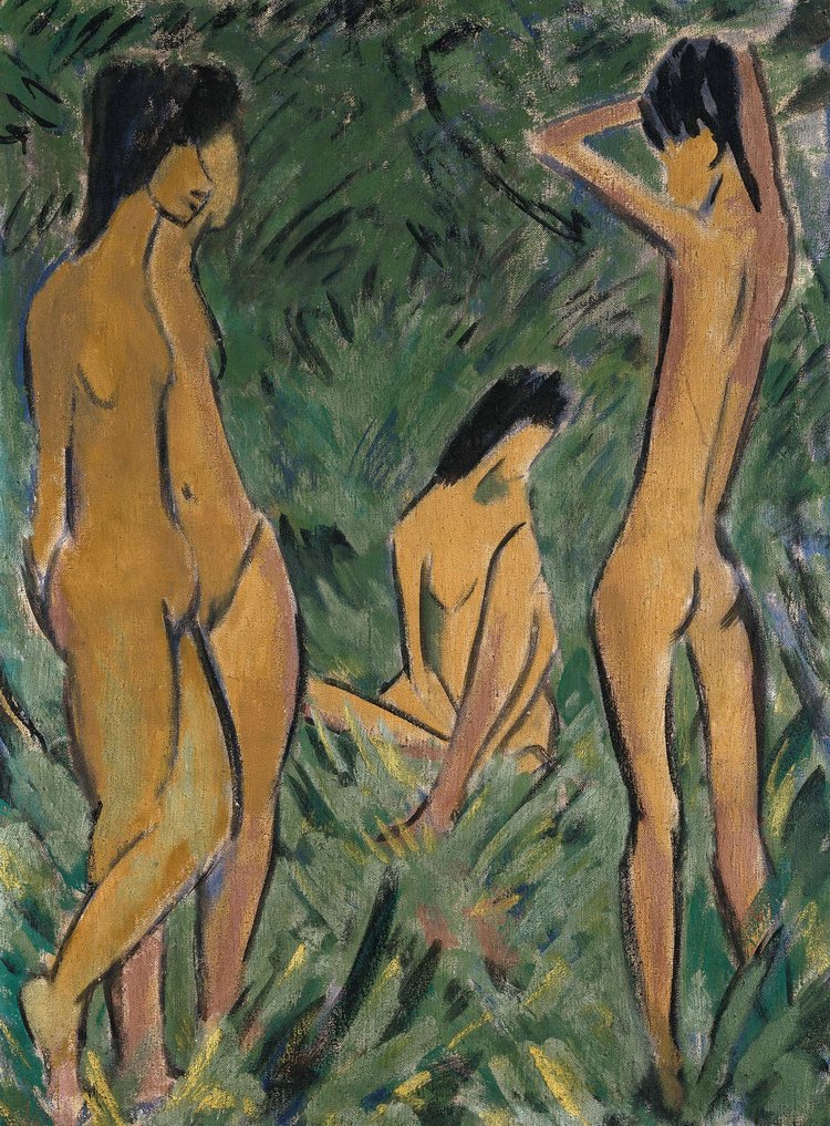 Otto Mueller, "Knabe vor zwei stehenden und einem sitzenden Mädchen", 1918/1919