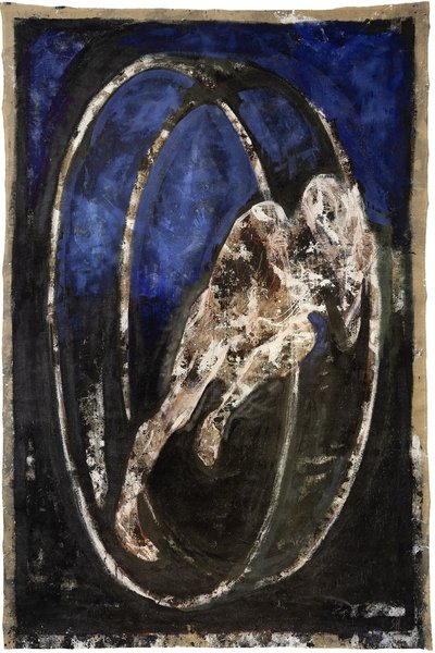 Sabine Herrmann, Frau im Rad,1991, 325x220, Pigment auf Jute